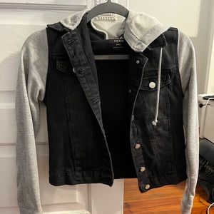Denim jacket with sweatshirt sleeves